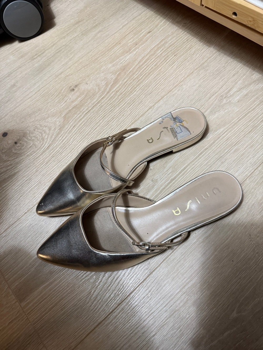 Unisa Metallic Gold Pointed Toe Slip-On Mules with Thin Cross Strap